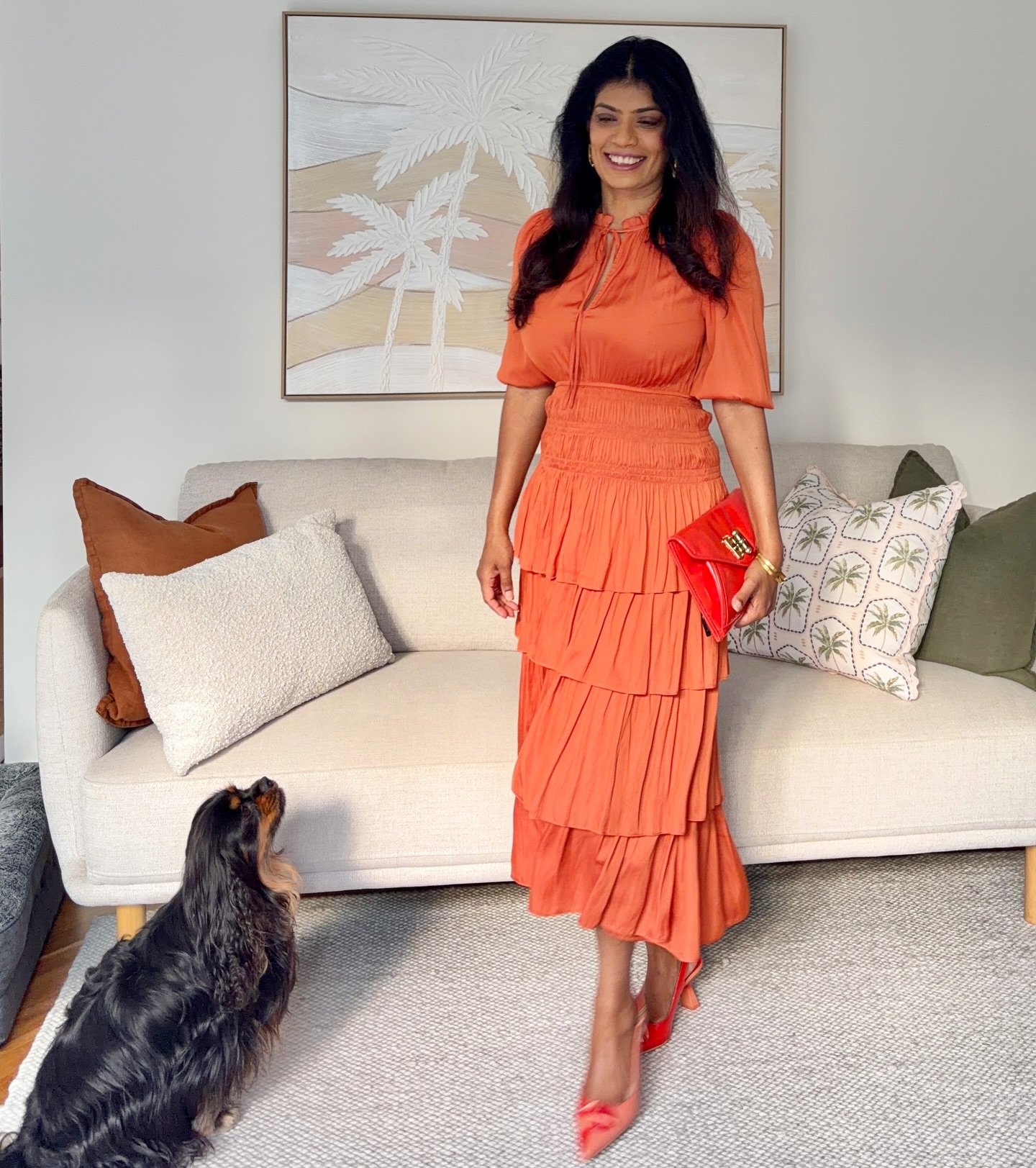 Orange and Red for a Celebration: A Tiered Dress with Confident Color
