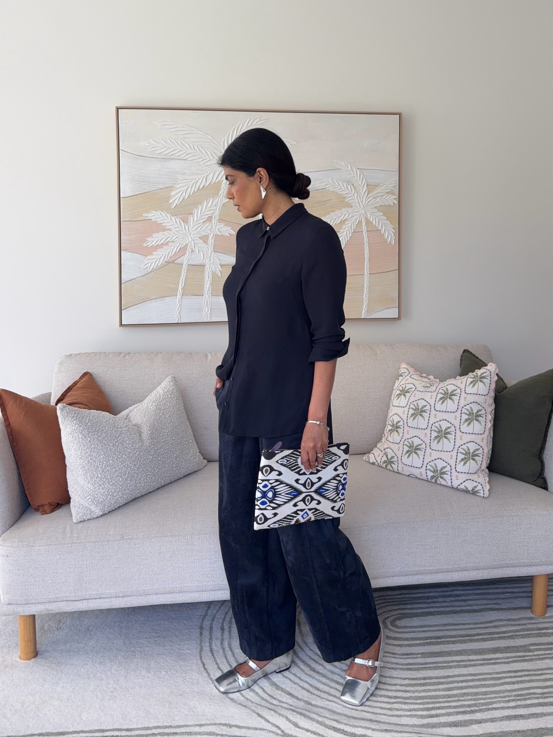 Navy Separates with a Graphic Twist: Silver Shoes Brighten a Tonal Look